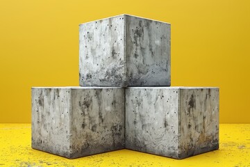 Poster - Simple composition with three textured concrete cubes against a vibrant yellow backdrop