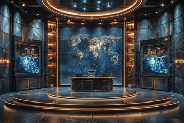 Poster - A futuristic command center featuring advanced technology with a glowing world map and displays