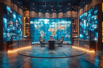 Poster - A sophisticated command center with illuminated world map, computer screens, and two individuals monitoring