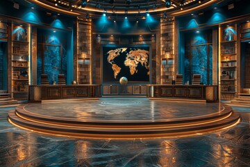 Poster - High-tech operations room with central world map projection and a modern, sleek look