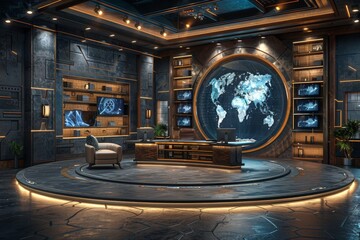 Poster - Command center with a backlit world map and stylish office furniture reflecting a modern ambiance