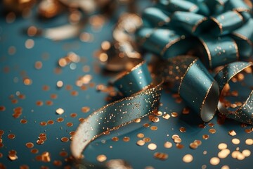 Poster - An elegant image featuring a teal ribbon bow with sparkling gold confetti scattered on a blue surface Ideal for special occasions