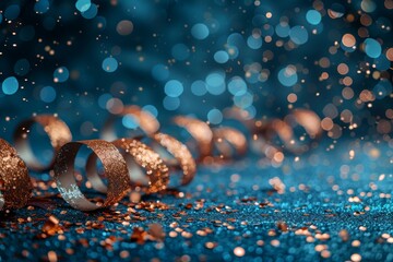 Poster - A captivating image of golden ribbon curls amidst a shower of confetti on a shimmering blue glitter background