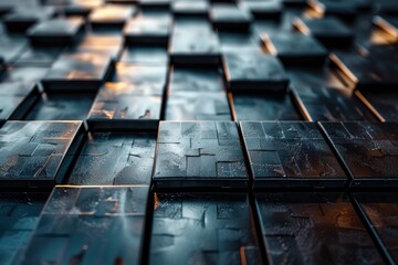 Poster - Close-up view of shiny water droplets on textured dark square tiles with a vivid reflection of light