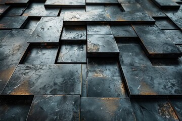 Wall Mural - Close-up of overlapping black tiles with a wet surface reflecting light, creating a geometric pattern