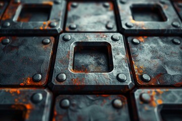 Poster - Macro shot of rusted metal squares with prominent bolts and rich textured details