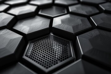 Poster - A close-up image of a 3D hexagonal pattern with one tile featuring a distinct circular perforation
