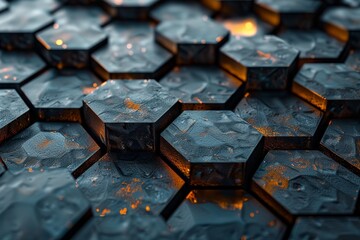Poster - Detailed image of 3D hexagonal tiles with an orange glow and water droplets, adding a sense of warmth