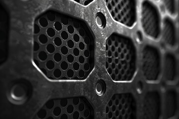 Poster - A macro image focusing on the intricate pattern of a perforated hexagonal mesh with a depth of field effect