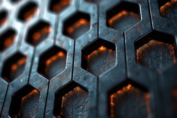 Poster - Detailed view of a metallic honeycomb pattern with a focus on texture, light, and shadows, giving an industrial feel