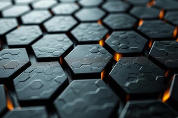 Poster - A high-resolution image showcasing a pattern of 3D hexagonal tiles with edges glowing in orange, creating a futuristic appearance