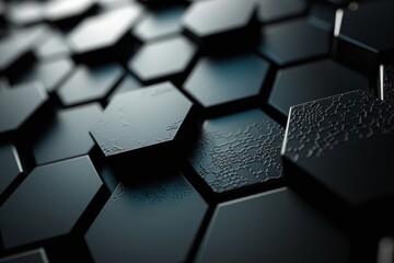 Poster - Intricate image capture of water droplets on a black hexagonal tiled surface with selective focus and glossy finish