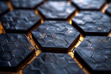 Poster - Macro shot of hexagonal shapes with a sparkling golden hue highlighting each unique texture and reflecting luxury and wealth