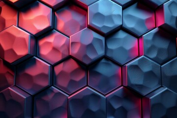 Poster - Vivid hexagonal pattern with a mixture of red and blue lighting giving a modern, digital look