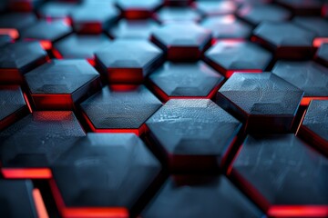 Poster - Macro shot of a hexagonal structure with red highlights creating a high-tech appearance