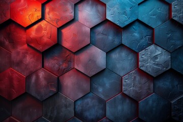 Poster - Vibrant red and blue shades create a striking contrast on this hexagonal pattern texture, showcasing a blend of symmetry and color