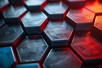 Poster - Close-up of a textured hexagonal pattern with a striking red and blue color contrast that gives a 3D visual effect