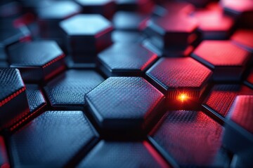 Poster - The dynamic interplay of blue and red lighting on hexagonal shapes creates a cybernetic futuristic feel in this 3D image
