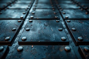Poster - This image showcases a reflective metallic surface adorned with uniform rivets and glistening water droplets