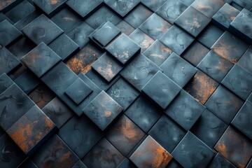 Poster - The image displays a 3D wall texture with interlocking squares in blue tones and rust accents, reflecting decay and resilience