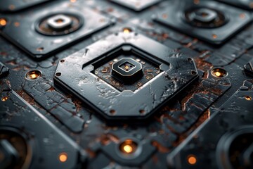 Poster - Detailed image of a futuristic metallic circuit with water droplets and hexagonal patterns