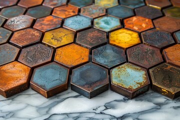 Poster - Richly colored hexagonal tiles laid on a marble surface showcasing a variety of textures and patinas