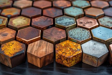 Poster - Close-up of varied textured hexagon wooden tiles, some with patina, others showcasing wood grain