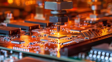 Show a wire bonding machine connecting microchips to board terminals with fine gold wires The image zooms in on the machine s head as it methodically draws and attaches wires