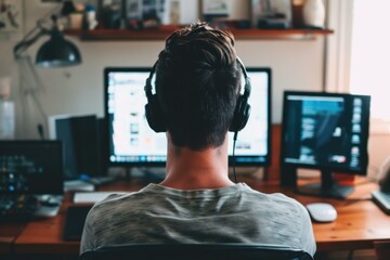 Poster - Rear view of a man with headphones in a home office, multitasking on dual monitors