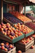 fruit stand overflowing with colorful peaches, plums, and cherries