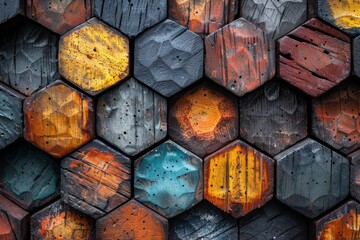 Poster - A close up of a vividly painted hexagon wooden panels with rich textures presenting a modern artistic decor concept
