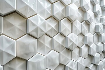 Canvas Print - Abstract image of a 3D white geometric pattern of hexagons creating a wall texture