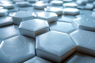 Poster - Blue light casts over hexagonal 3D tiles that form a geometric surface pattern