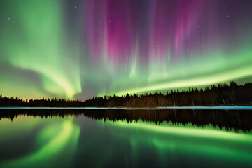 northern lights reflected on the surface of a calm lake or river, doubling the beauty of the aurora 
