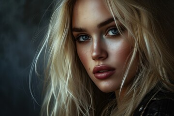 Canvas Print - Close-up of a young woman with blonde hair and piercing blue eyes, exuding confidence