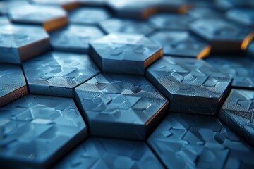 Poster - Close-up image of overlapping hexagon surfaces with blue tones and subtle textures representing data or scientific concepts