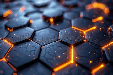 Poster - Image displays dark hexagonal shapes interconnected by orange glowing lines, resonating with high-tech themes