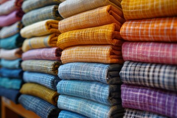 Poster - Nicely piled diverse colorful fabrics with textures indicating quality textile materials