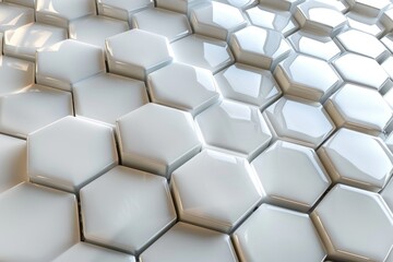 Poster - A 3D rendering of white hexagons tightly packed, creating a seamless pattern and modern feel