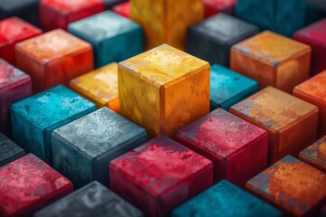 Poster - Vibrant 3D-rendered image with multicolored cubes and a prominent yellow one as the focal point