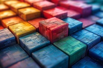 Poster - Close-up of a selection of bright, textured cubes that seem to pop out due to a selective focus creating a 3D cube illusion