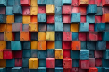 Poster - A vibrant full-frame image of a textured wall made from multicolored painted wooden blocks
