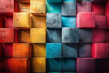 Poster - A wall of vibrant colored cubes creates a three-dimensional effect with varying shades and damage textures