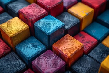 Poster - Detailed close-up of colorful textured cubes with a depth of field effect, showcasing droplets on the surfaces