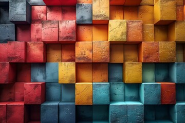 Poster - This image features a 3D geometric pattern of multicolored cubes arranged in an abstract formation