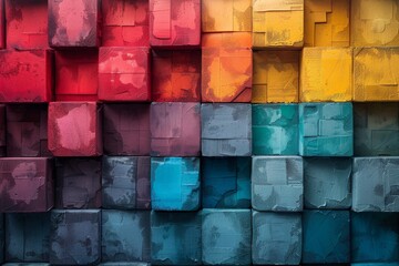 Poster - The image displays a vibrant gradient of painted colors on textured square blocks forming a geometric pattern