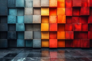 Poster - The image presents a bold color gradient on geometric blocks, set against a shadowed ground
