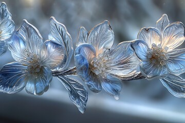 Poster - A stunning close-up of a frosty branch adorned with delicate transparent blue flowers made up of crystal-like structures