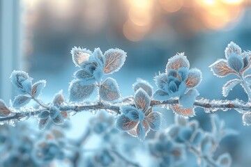 Poster - Close-up of icy blue leaves featuring frost accumulation along the edges, with a beautifully blurred wintery background