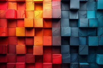 Poster - A contrasting texture of 3D cubes in shades of red and blue, creating a vibrant and visually arresting pattern